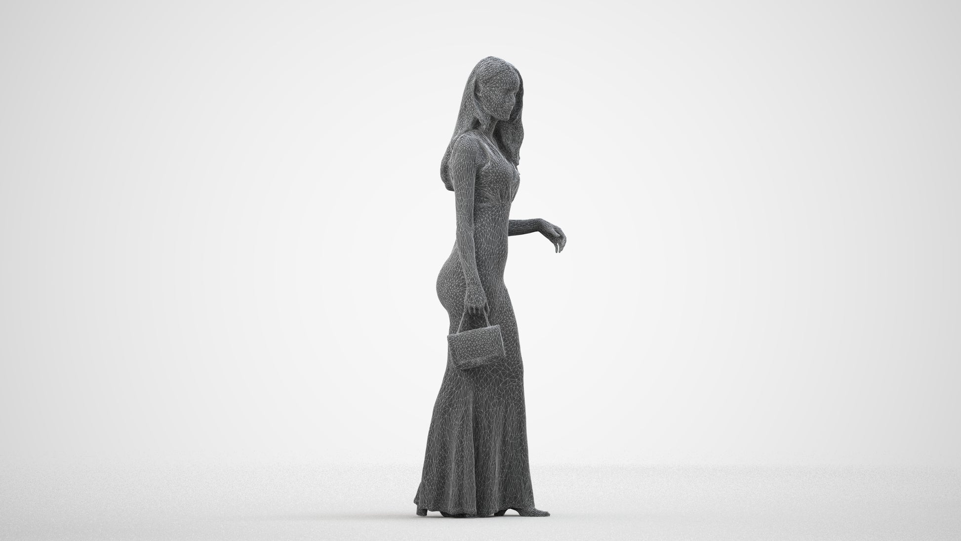 3D people model woman formal walking, scanned human for 3ds Max rendering, wireframe side view