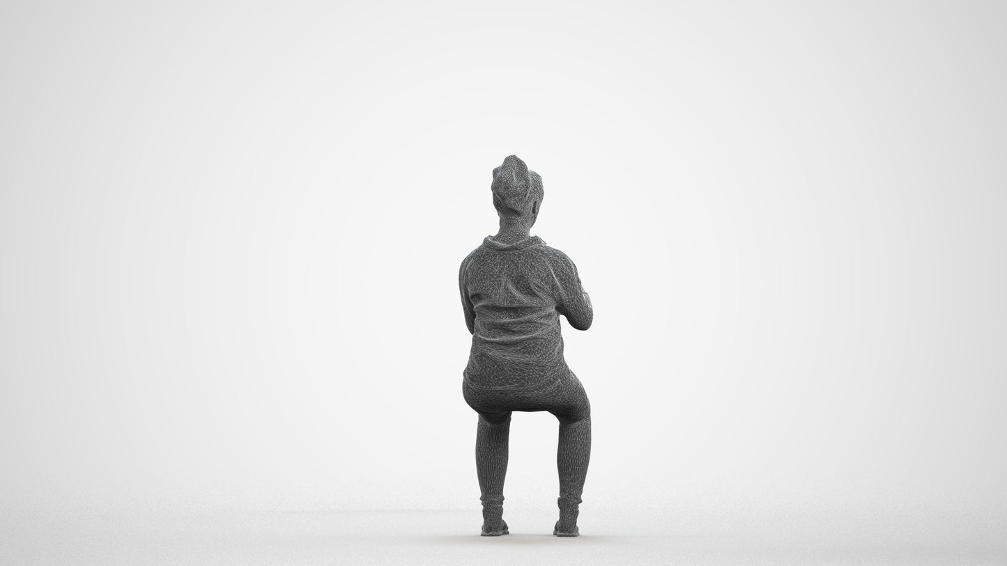 realistic 3D human woman casual sitting, archviz people FBX OBJ for Blender, wireframe front view
