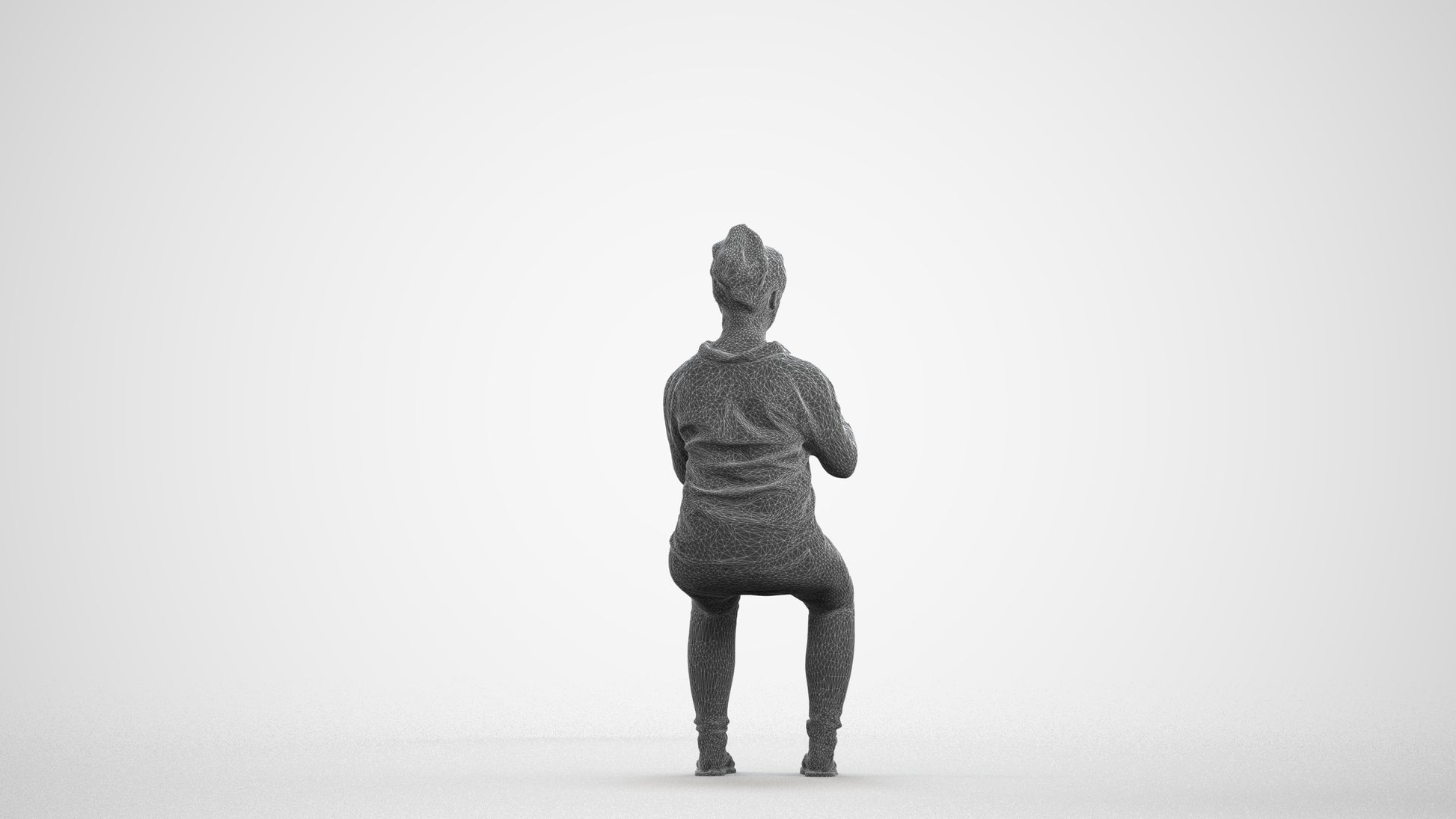 realistic 3D human woman casual sitting, archviz people FBX OBJ for Blender, wireframe front view