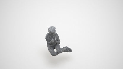 3D human model woman casual sitting, photogrammetry scanned person for archviz, wireframe three-quarter view