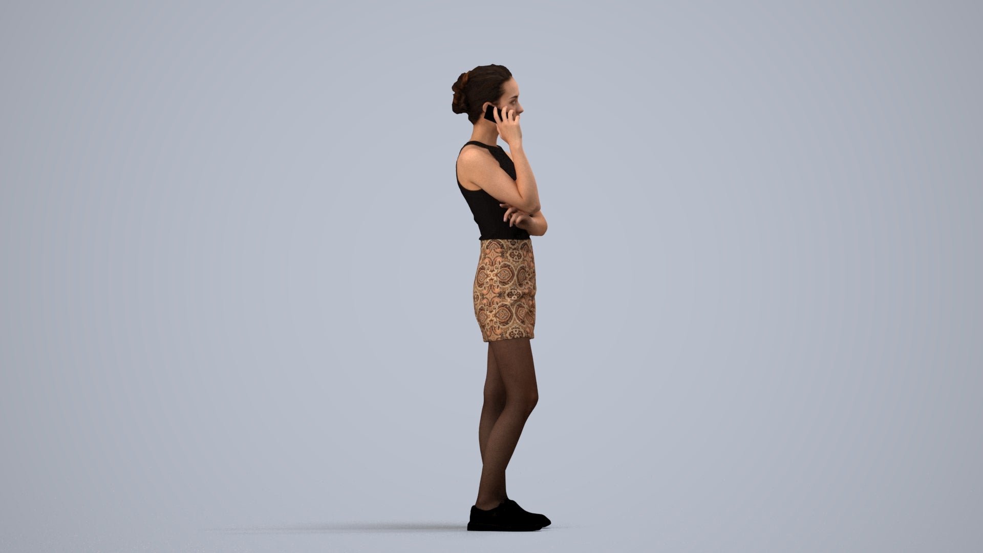 3D human model woman casual standing, photogrammetry scanned person for archviz, side view render