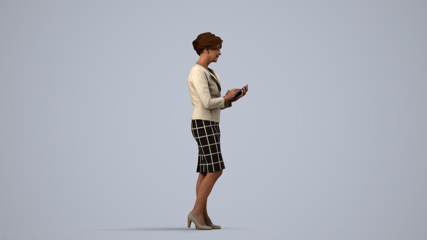 3D scanned woman standing business, photorealistic archviz people for Enscape and SketchUp, side view render