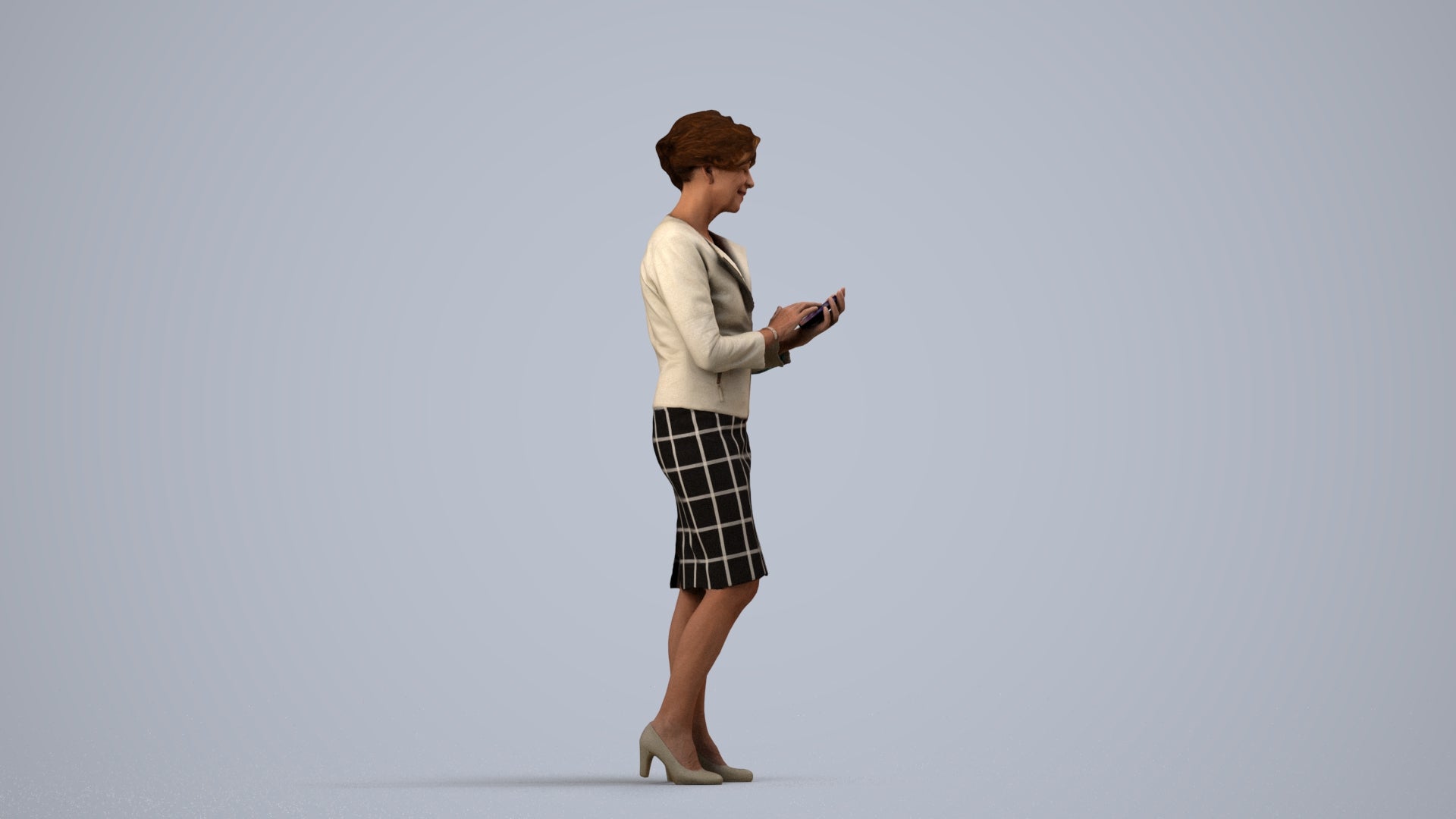 3D scanned woman standing business, photorealistic archviz people for Enscape and SketchUp, side view render