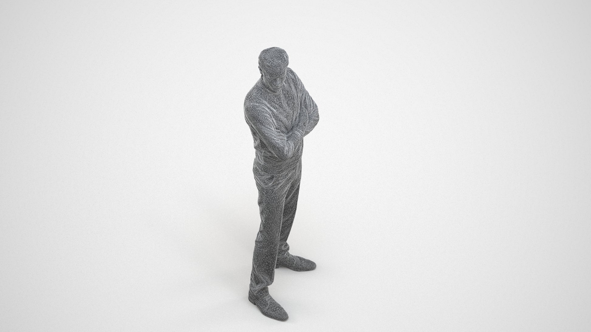photogrammetry 3D man casual standing, realistic human model archviz FBX, wireframe three-quarter view