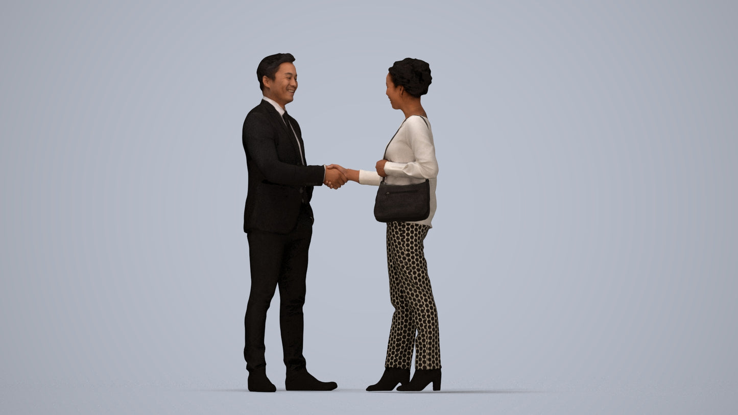 3D human model woman casual business, photogrammetry scanned person for archviz, top-down view render
