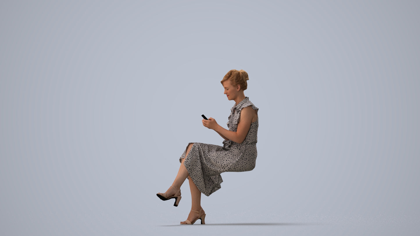 realistic 3D people woman casual sitting, render-ready for V-Ray and Corona, FBX OBJ, three-quarter view render
