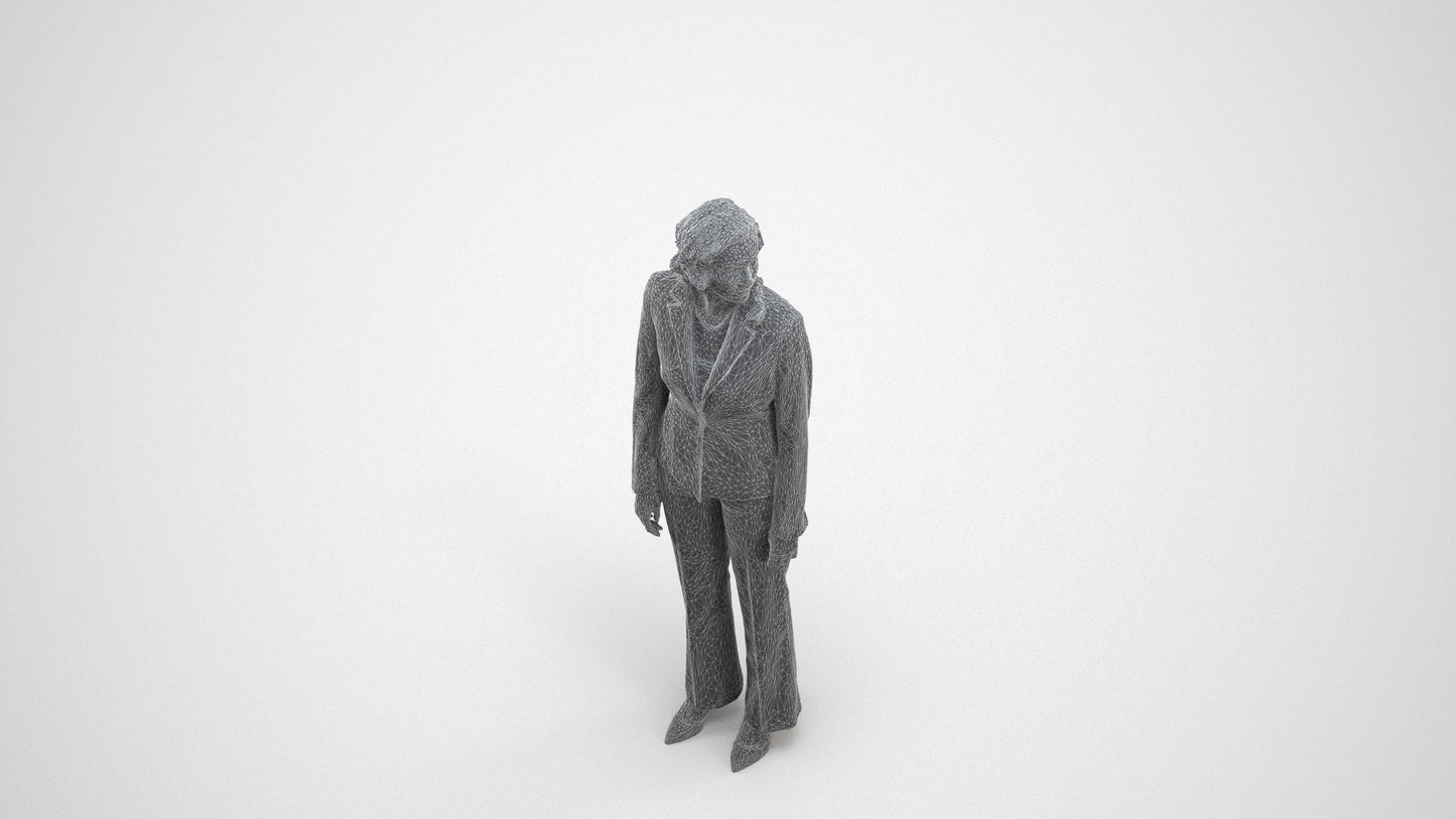 realistic 3D people woman business standing, render-ready for V-Ray and Corona, FBX OBJ, wireframe three-quarter view