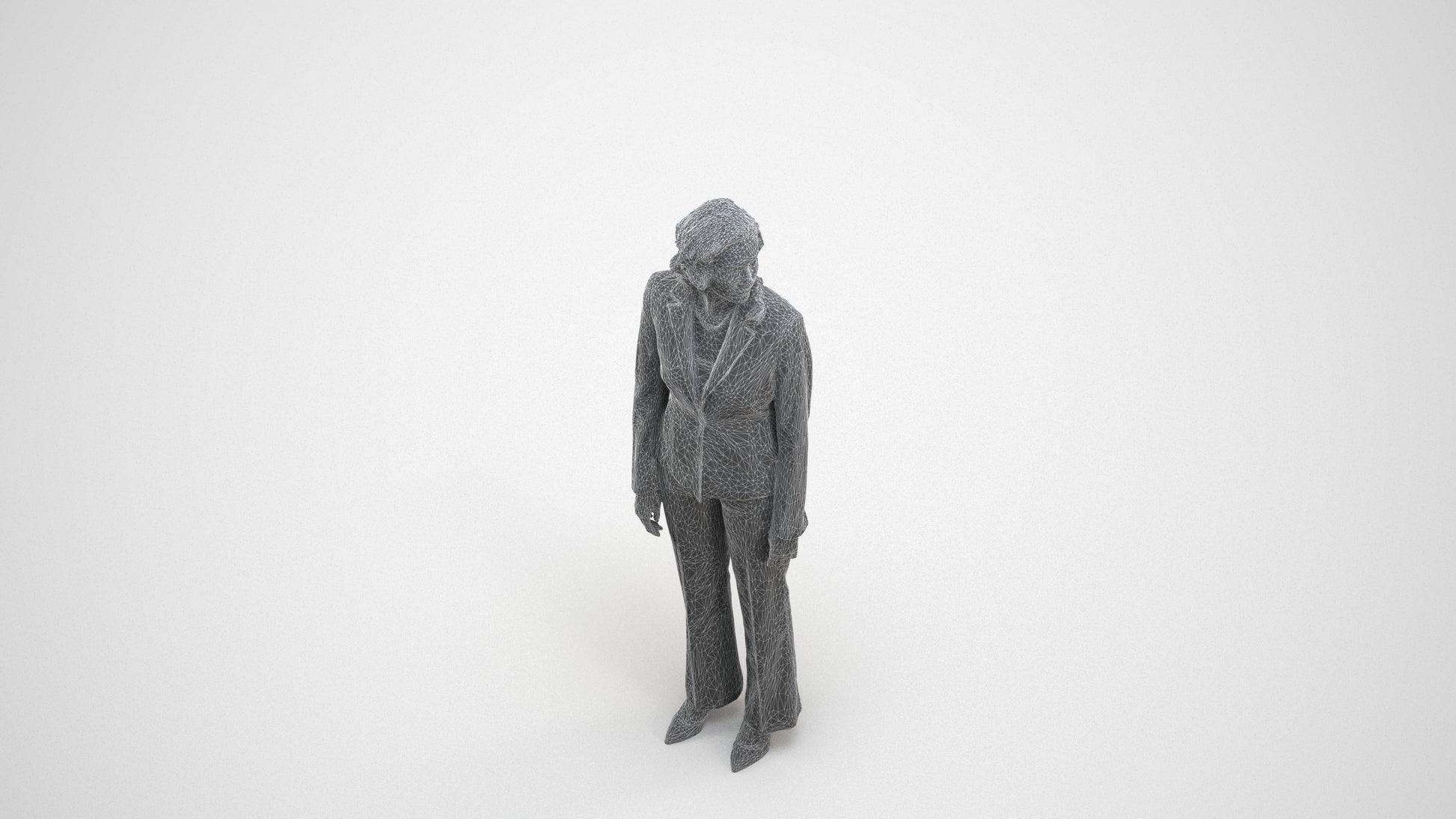 realistic 3D people woman business standing, render-ready for V-Ray and Corona, FBX OBJ, wireframe three-quarter view