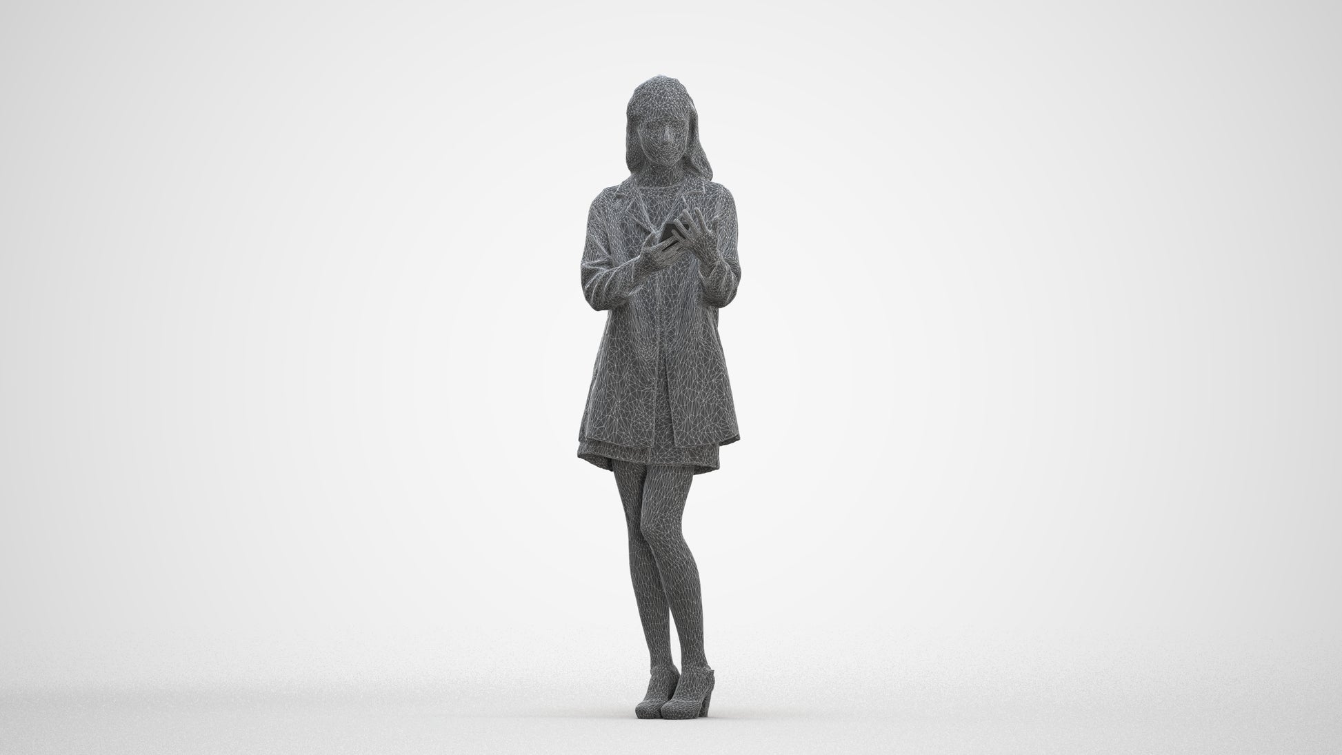 3D human model woman business standing, photogrammetry scanned person for archviz, three-quarter front view render