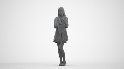 3D human model woman business standing, photogrammetry scanned person for archviz, three-quarter front view render