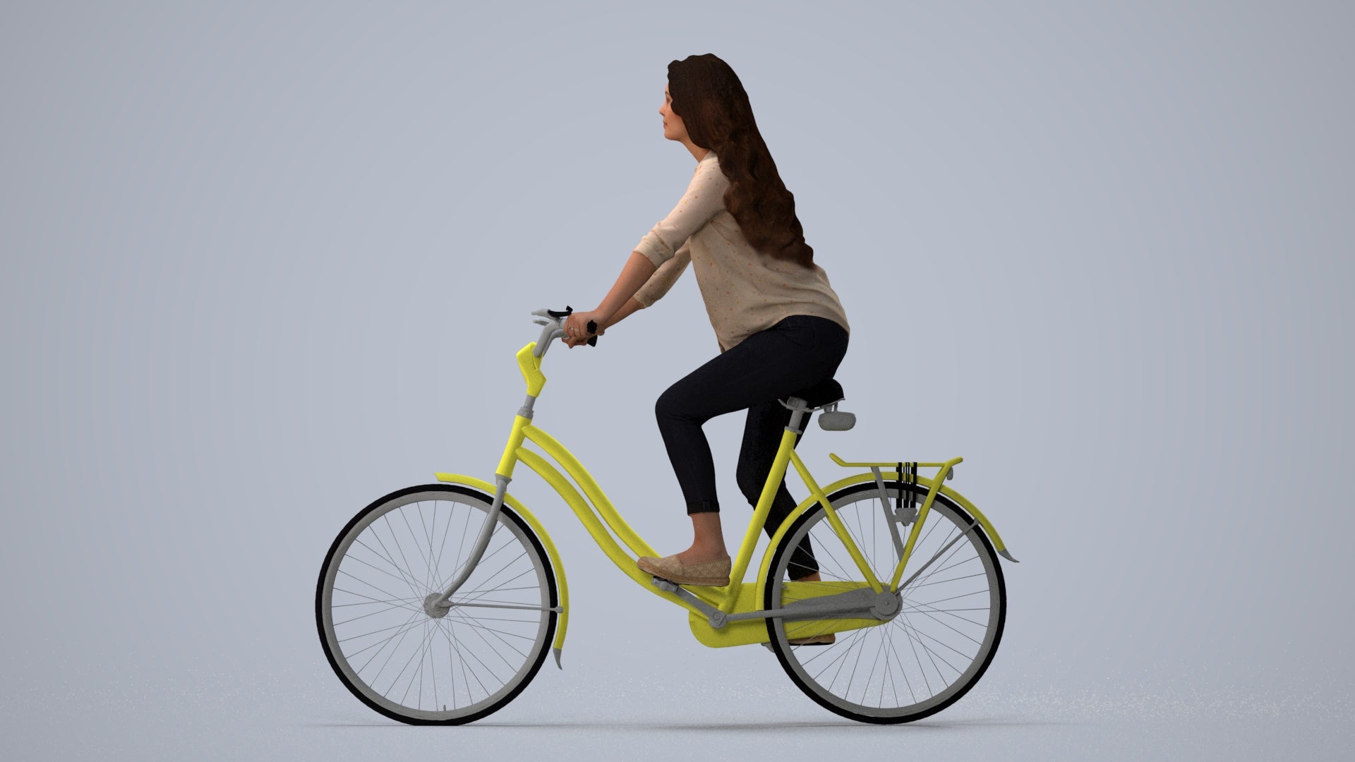 3D scanned woman cycling, photorealistic archviz people for Enscape and SketchUp, three-quarter view render