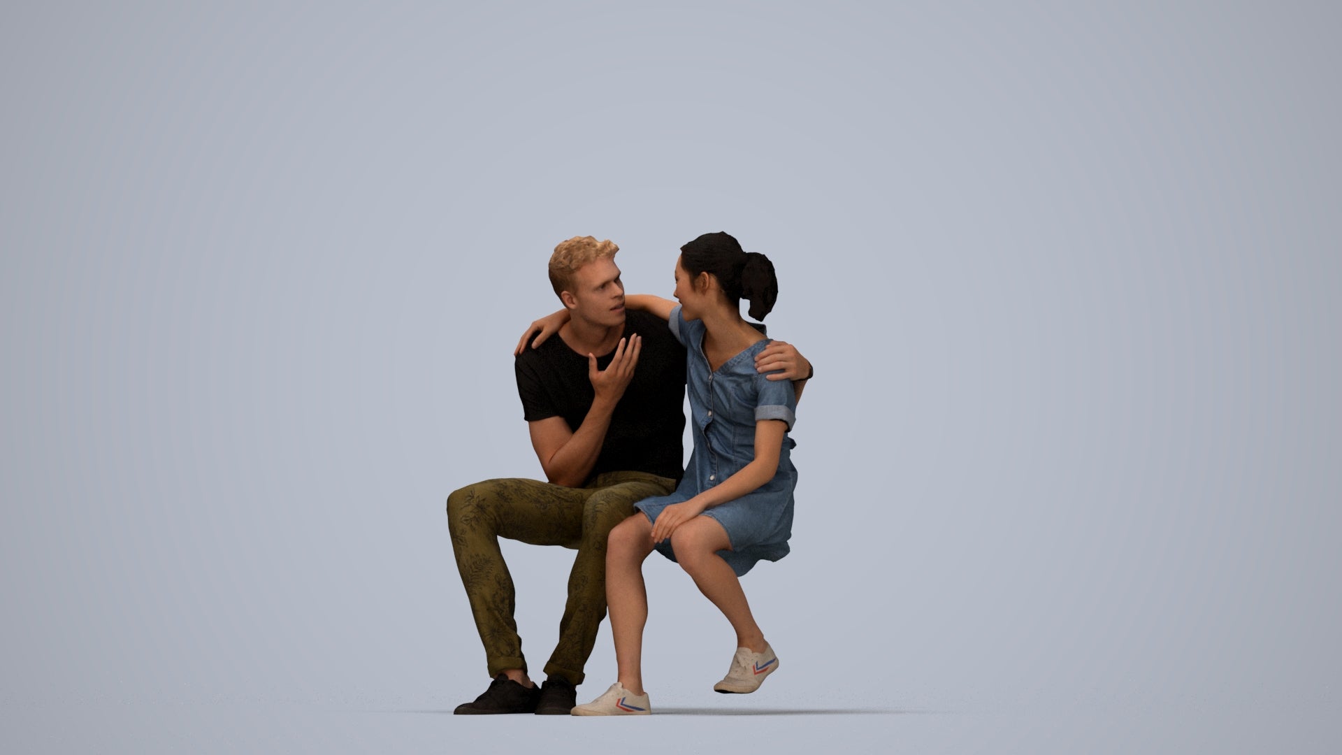 scanned 3D girl casual couple, photogrammetry people for Enscape and V-Ray, top-down view render