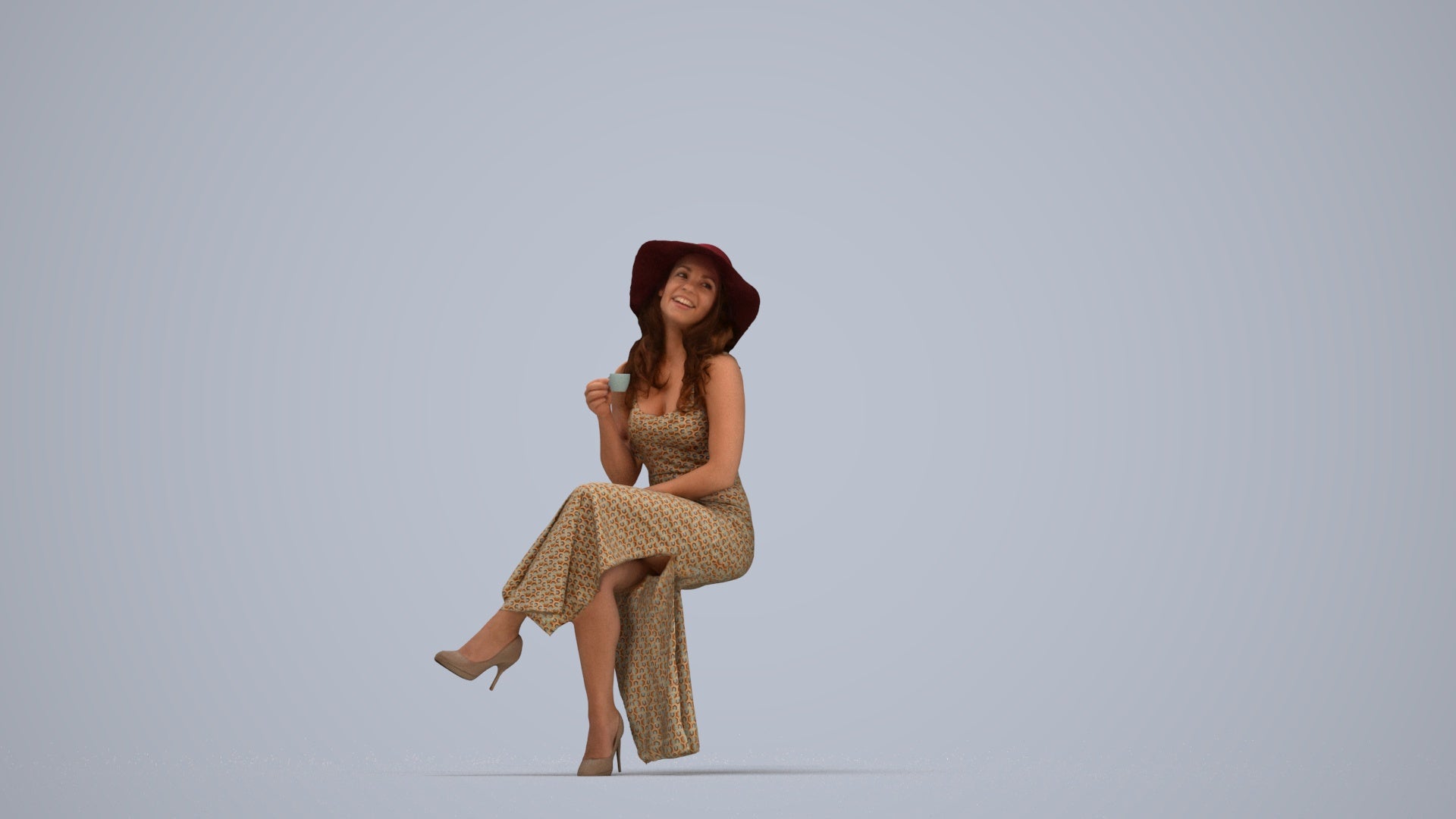 realistic 3D people woman casual sitting, render-ready for V-Ray and Corona, FBX OBJ, top-down view render