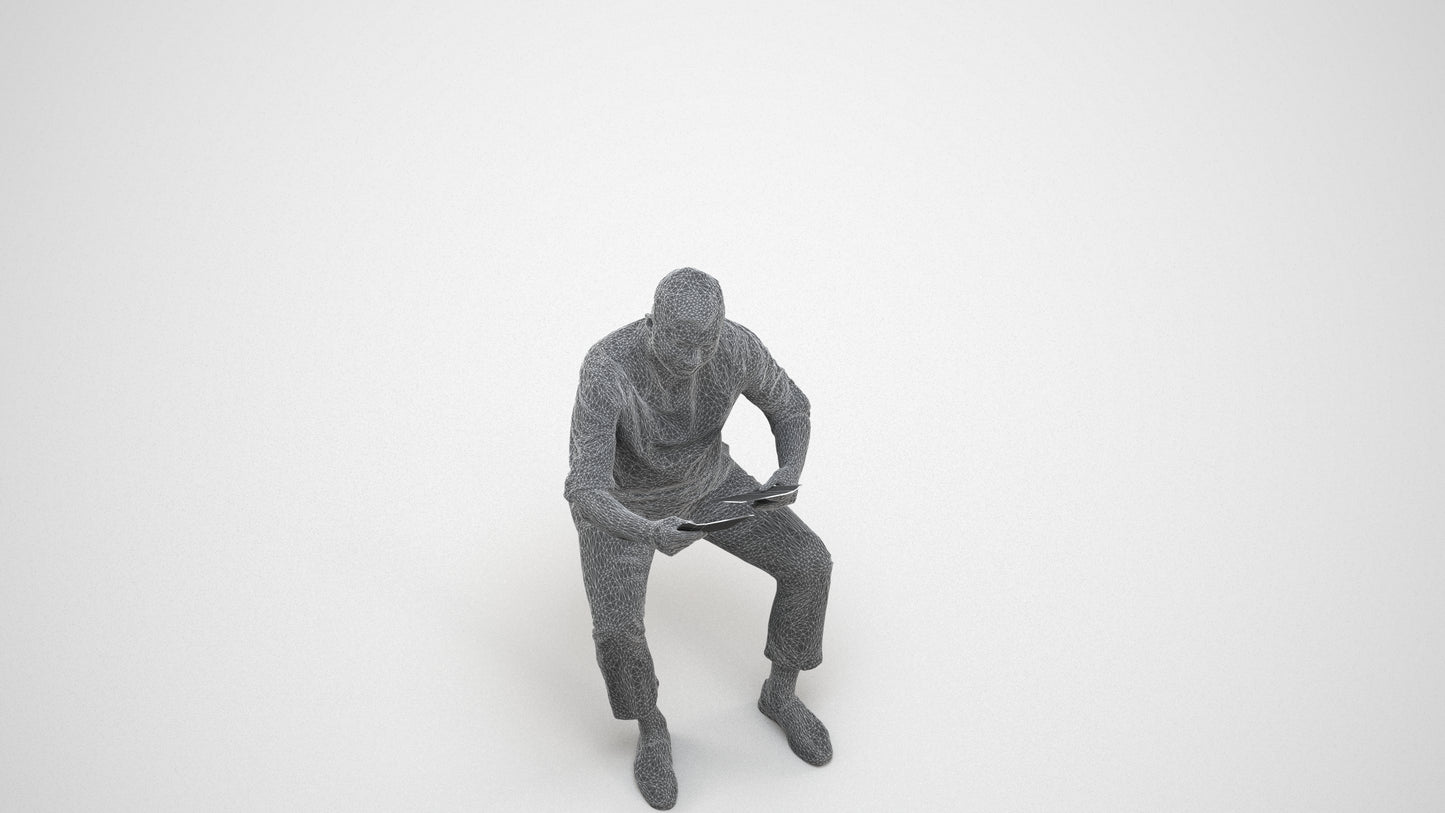 realistic 3D man casual sitting, scanned archviz people for Blender and 3ds Max, wireframe three-quarter view
