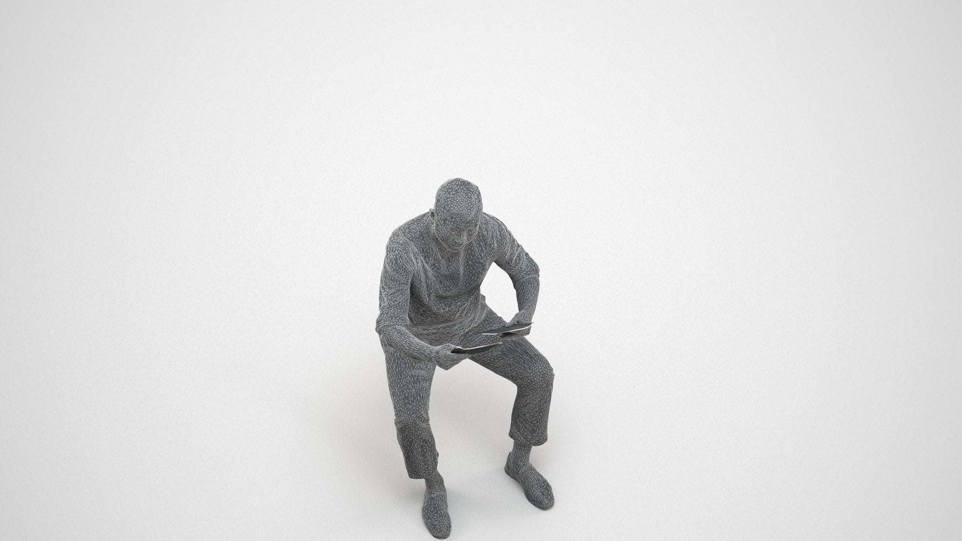 realistic 3D man casual sitting, scanned archviz people for Blender and 3ds Max, wireframe three-quarter view