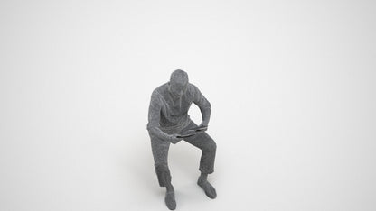 realistic 3D man casual sitting, scanned archviz people for Blender and 3ds Max, wireframe three-quarter view