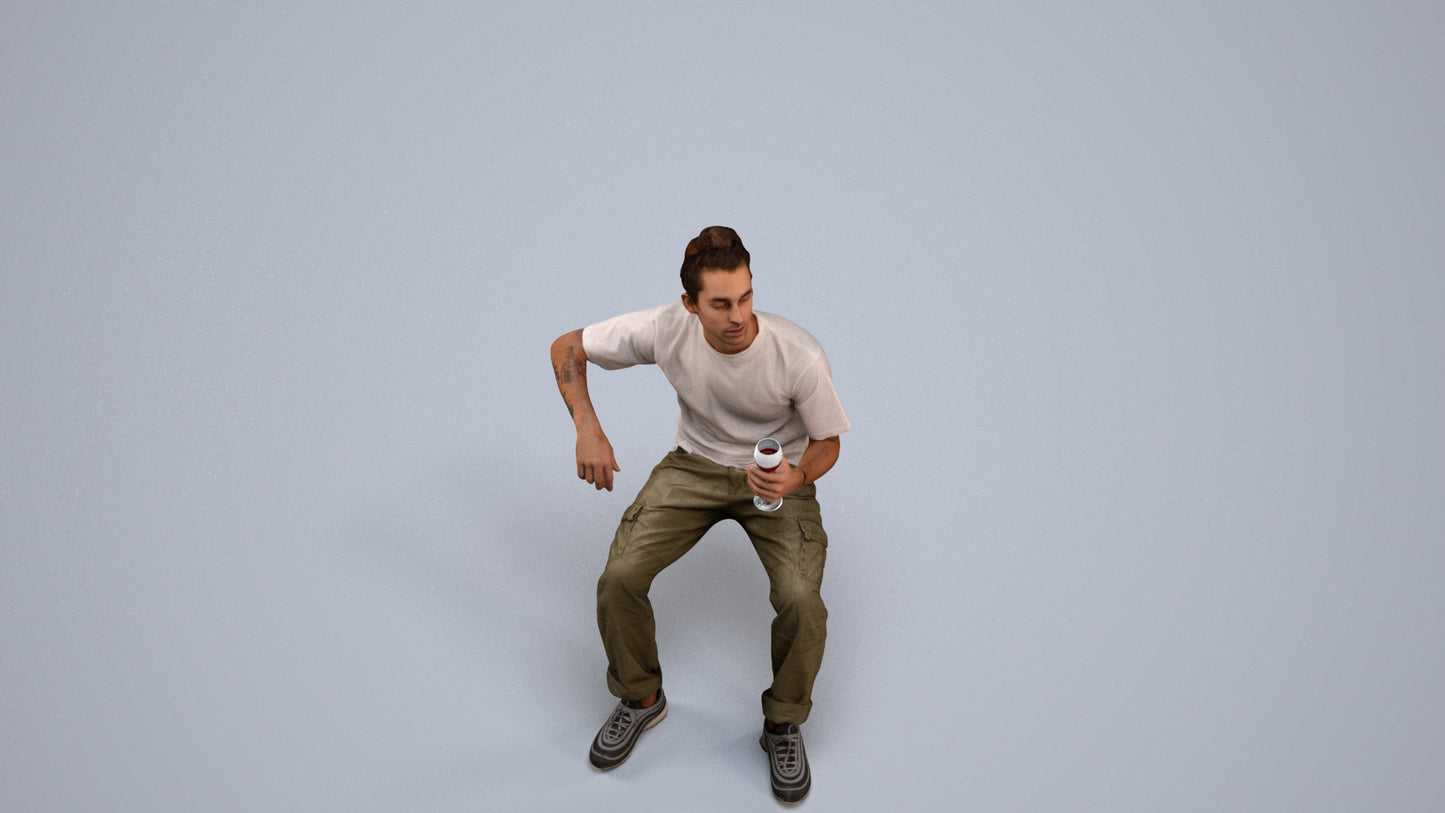 3D human model man casual sitting, photogrammetry scanned person for archviz, back view render
