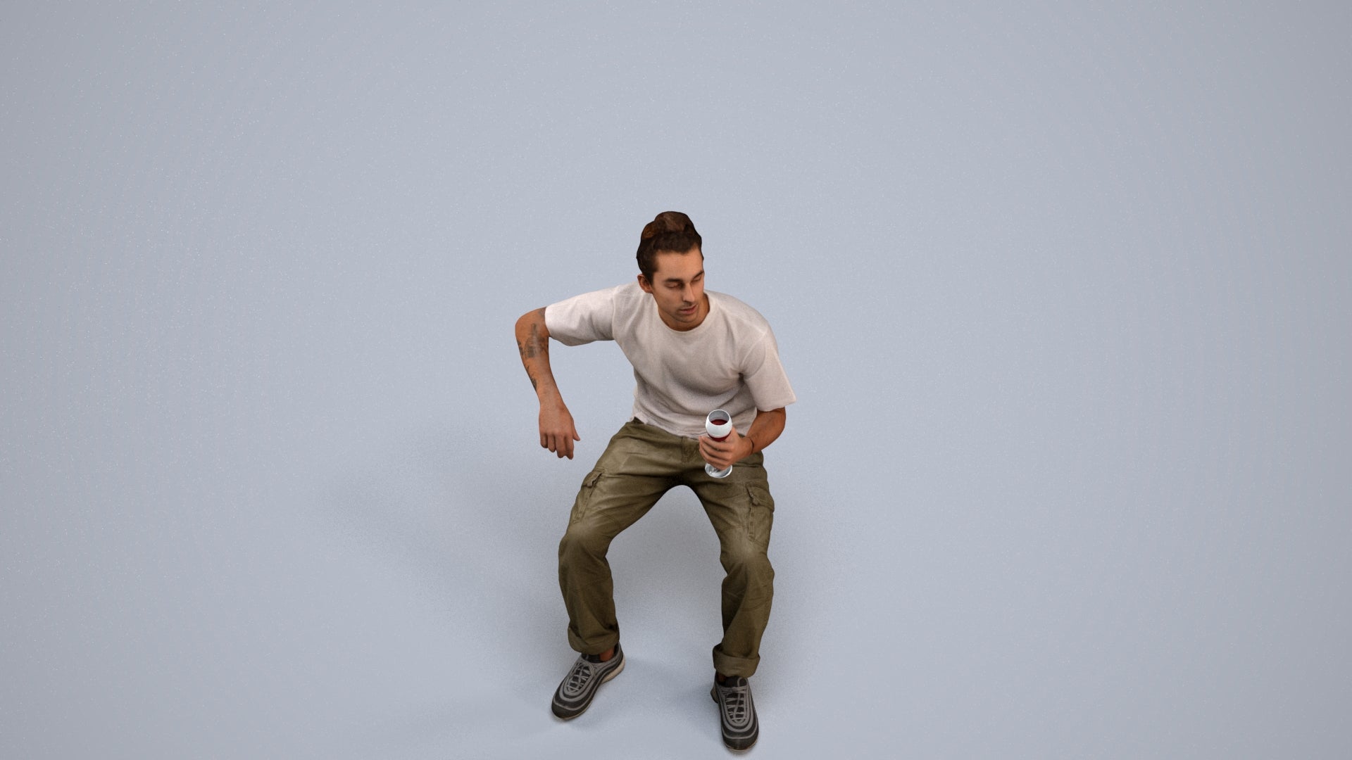 3D human model man casual sitting, photogrammetry scanned person for archviz, back view render