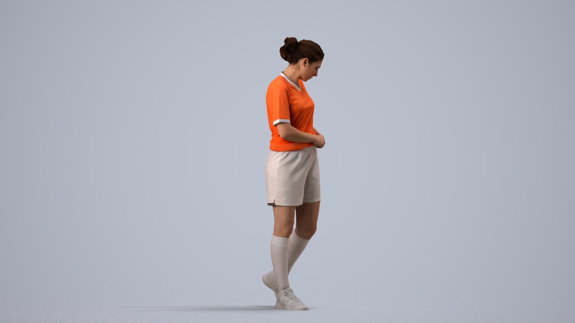 3D human model woman sport, photogrammetry scanned person for archviz, side view render