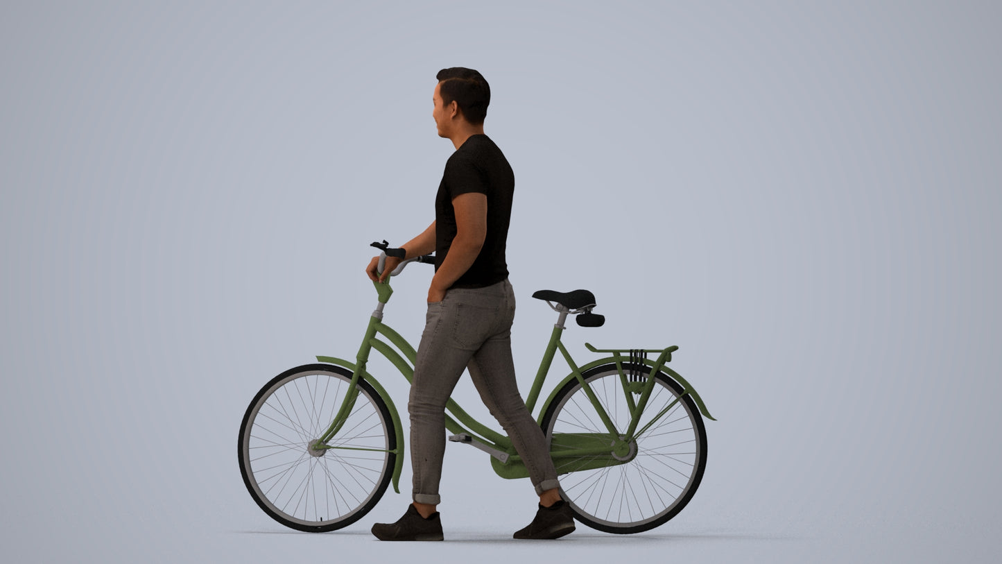 realistic 3D man casual cycling, scanned archviz people for Blender and 3ds Max, three-quarter view render