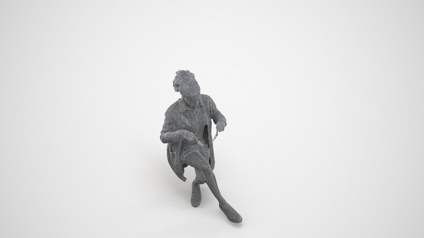 photogrammetry 3D woman casual sitting, realistic human model archviz FBX, wireframe three-quarter view