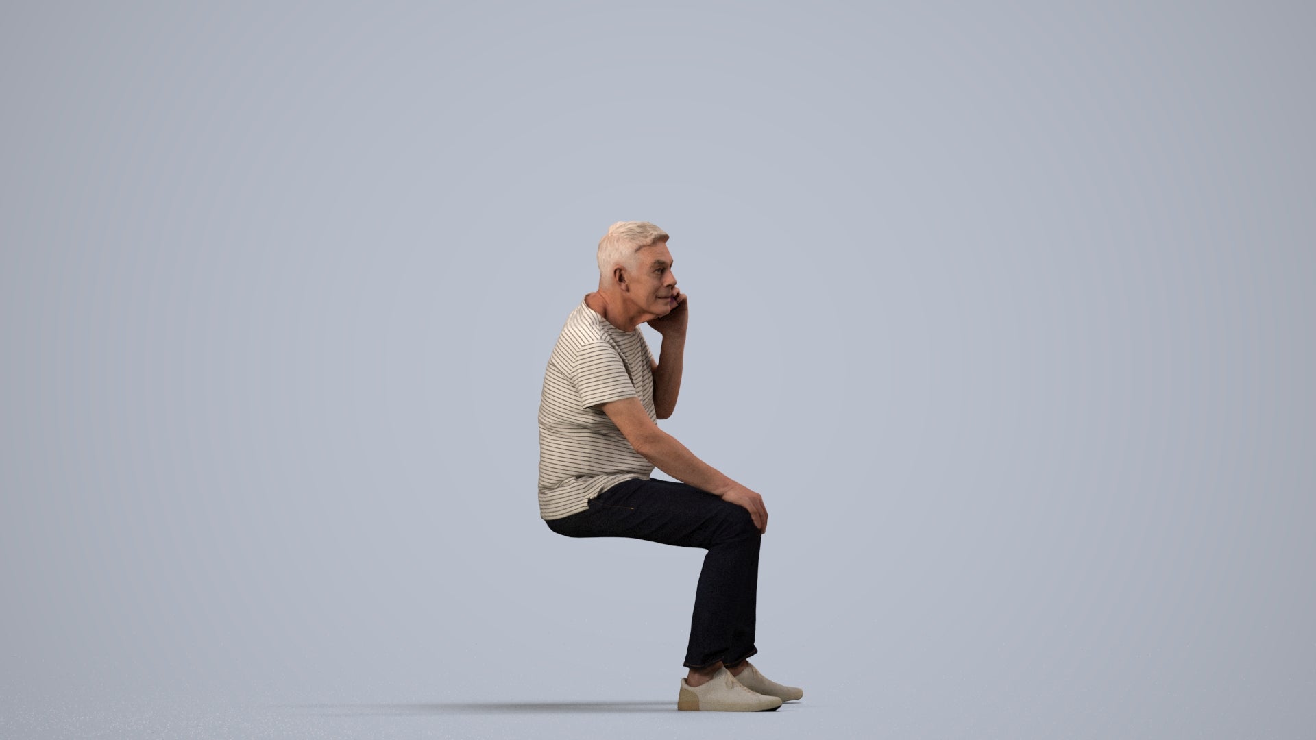 realistic 3D human senior man casual sitting, archviz people FBX OBJ for Blender, side view render