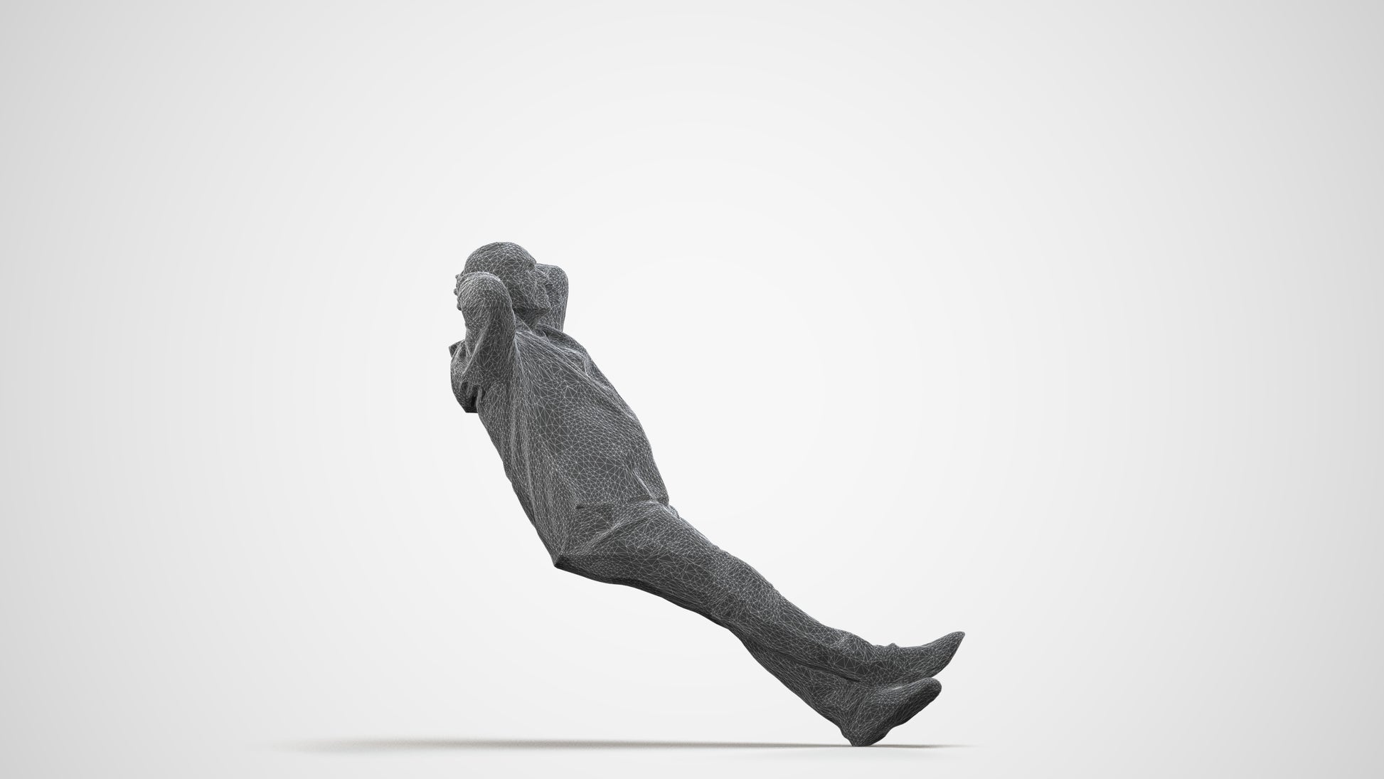 3D human model senior man casual sitting, photogrammetry scanned person for archviz, wireframe side view