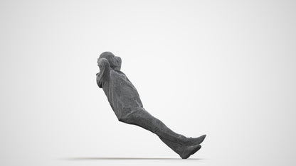 3D human model senior man casual sitting, photogrammetry scanned person for archviz, wireframe side view