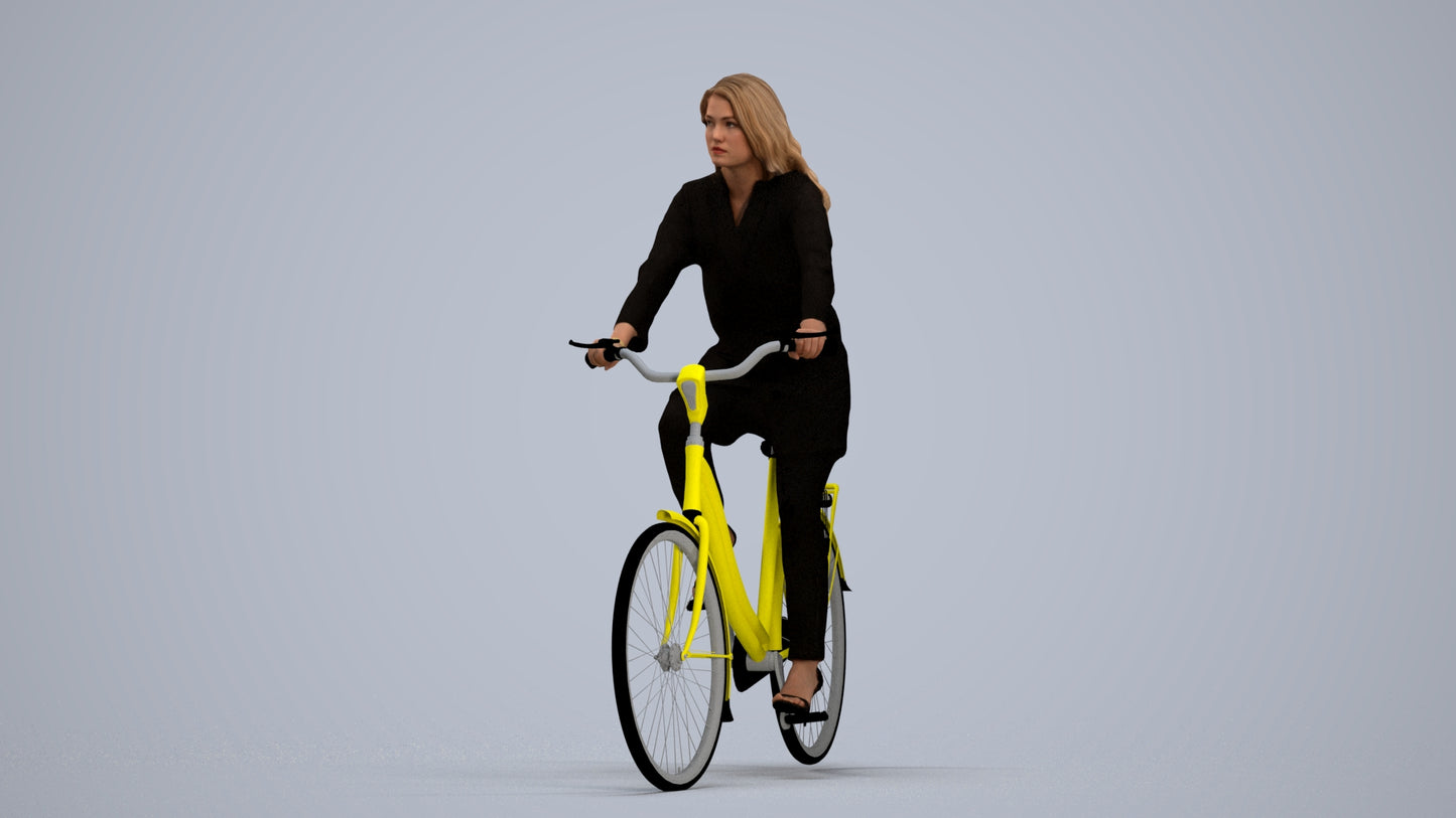 realistic 3D woman business cycling, scanned archviz people for Blender and 3ds Max, standing pose render