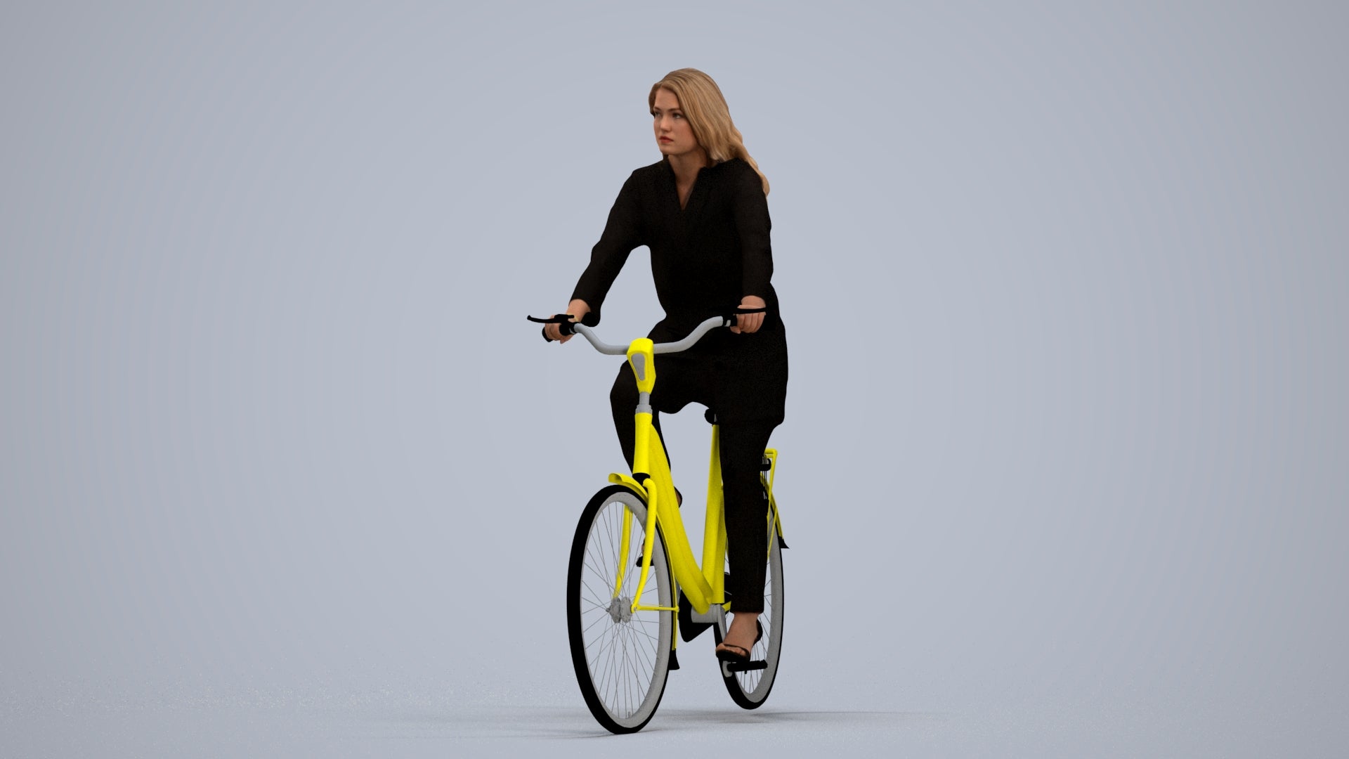 realistic 3D woman business cycling, scanned archviz people for Blender and 3ds Max, standing pose render