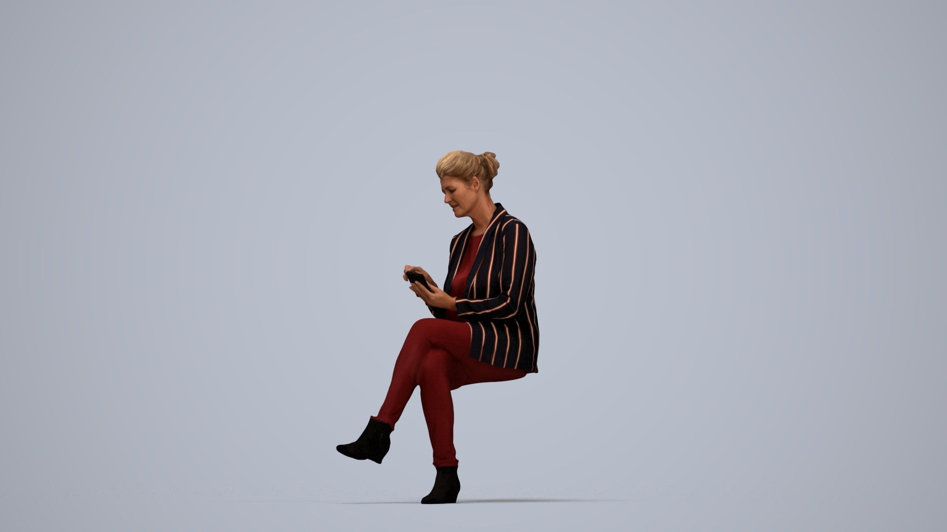 3D human model woman business sitting, photogrammetry scanned person for archviz, top-down view render