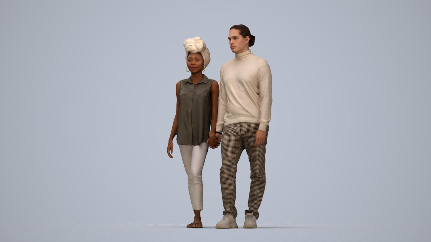 3D human model woman casual couple, photogrammetry scanned person for archviz, top-down view render
