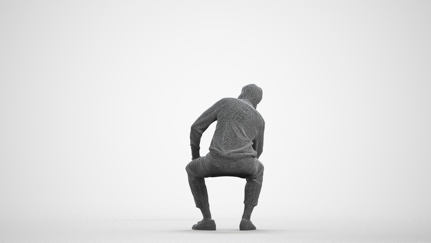 3D scanned man sitting casual, photorealistic archviz people for Enscape and SketchUp, wireframe front view