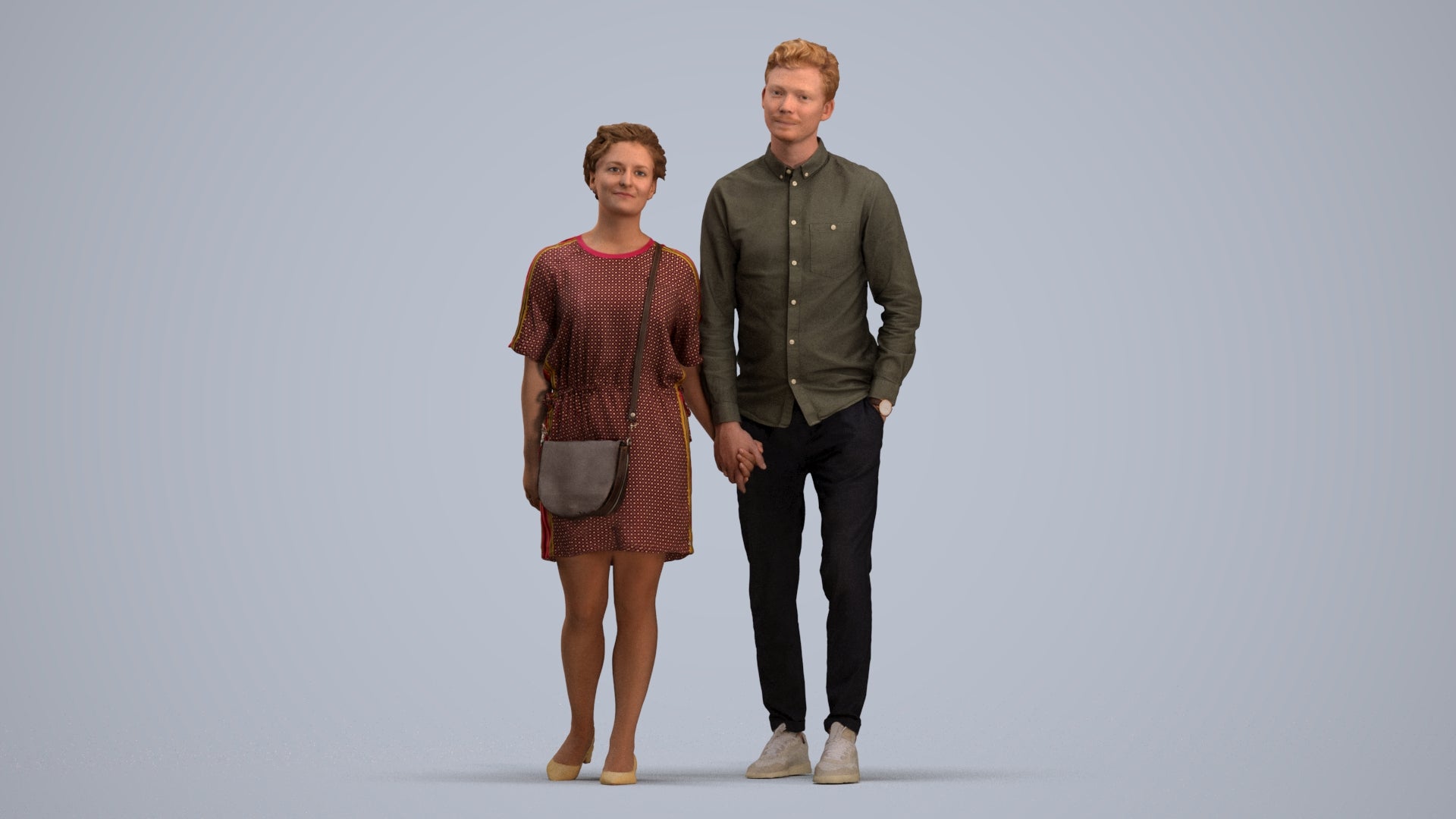 realistic 3D people woman casual couple, render-ready for V-Ray and Corona, FBX OBJ, standing pose render