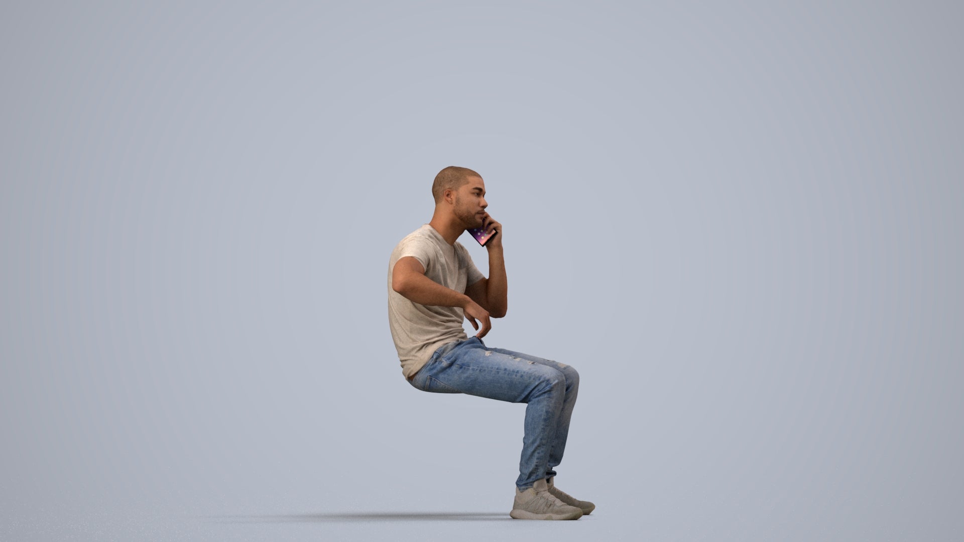 realistic 3D human man casual sitting, archviz people FBX OBJ for Blender, side view render
