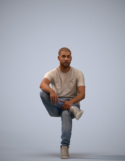 3D human model man casual sitting, photogrammetry scanned person for archviz