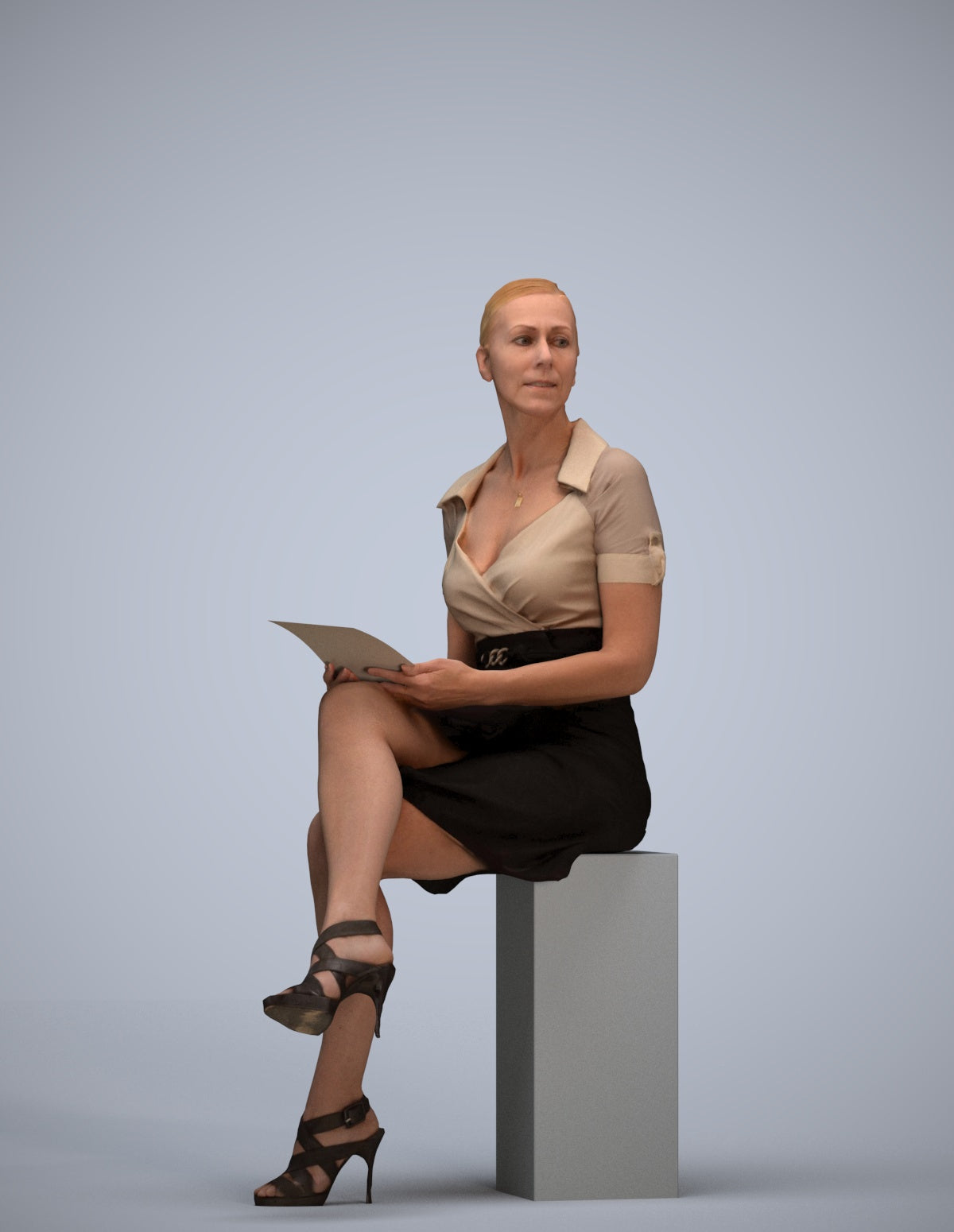 3D scanned woman sitting business, photorealistic archviz people for Enscape and SketchUp
