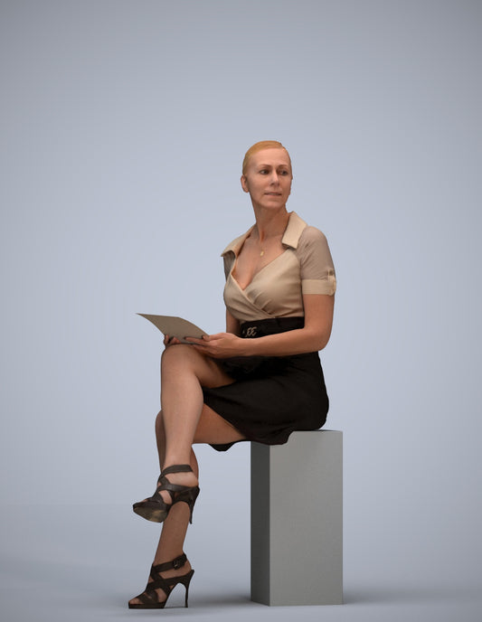 3D scanned woman sitting business, photorealistic archviz people for Enscape and SketchUp