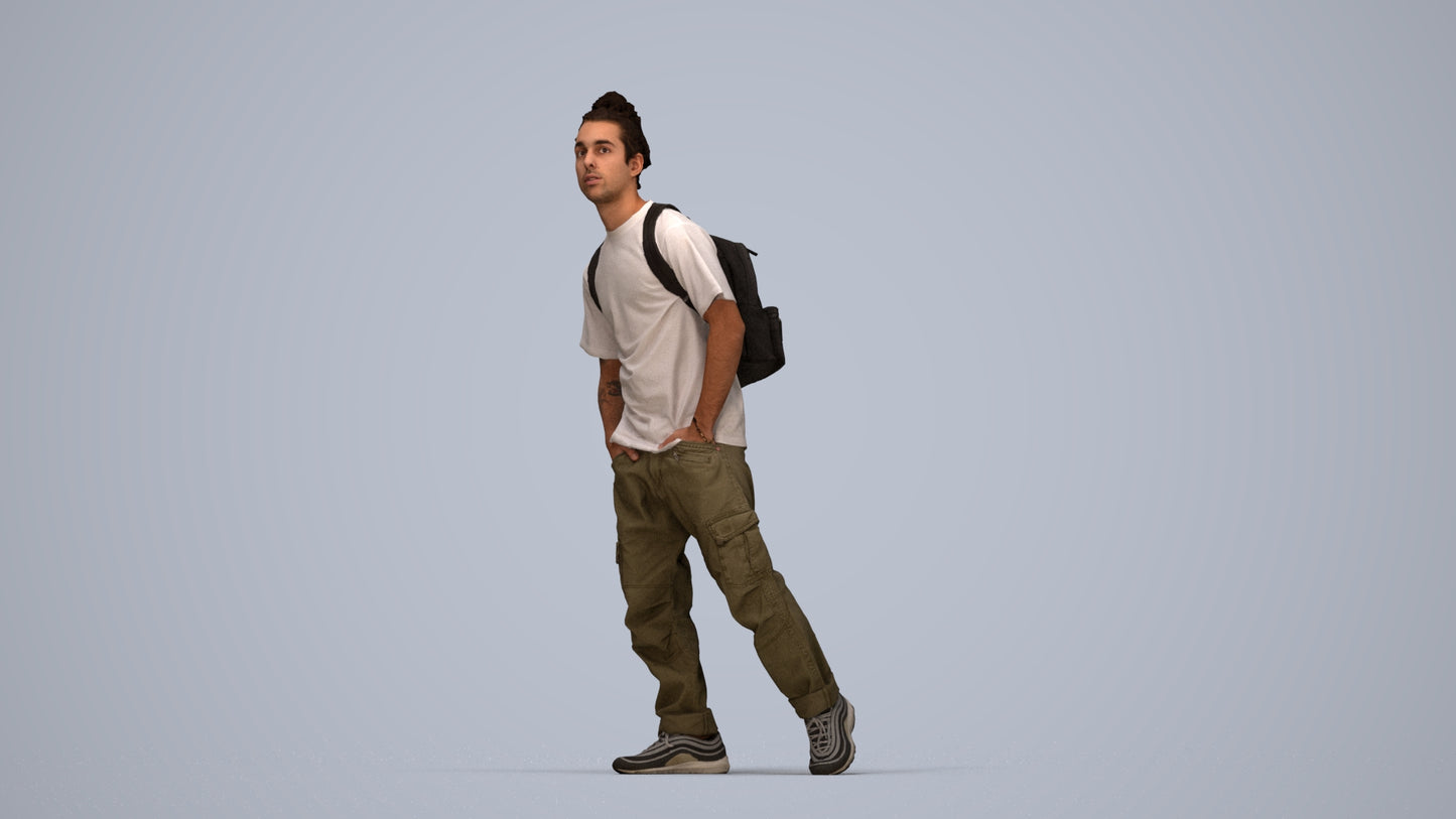 3D human model man casual walking, photogrammetry scanned person for archviz, top-down view render