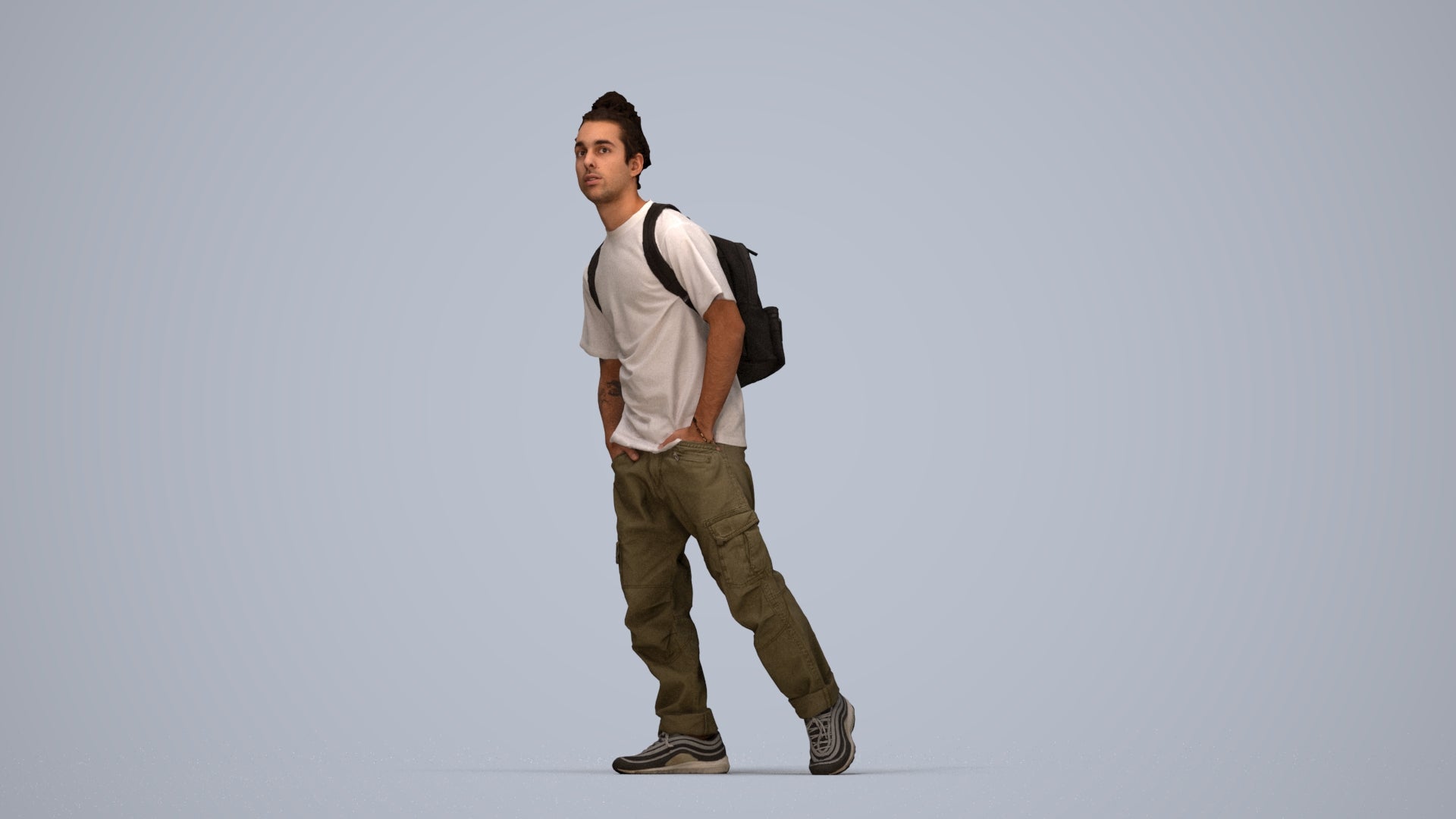3D human model man casual walking, photogrammetry scanned person for archviz, top-down view render