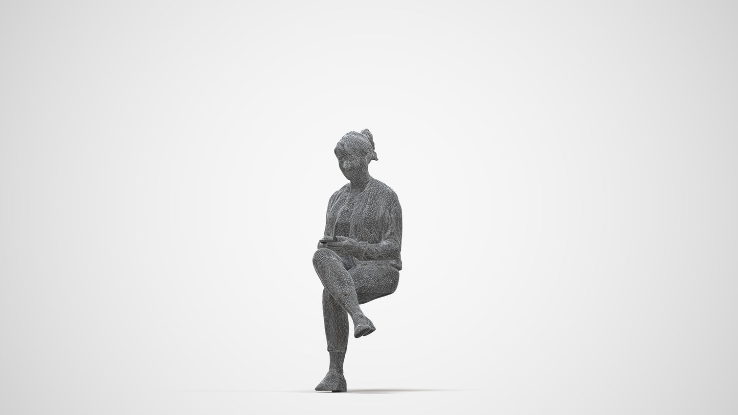 scanned 3D woman casual sitting, photogrammetry people for Enscape and V-Ray, wireframe back view