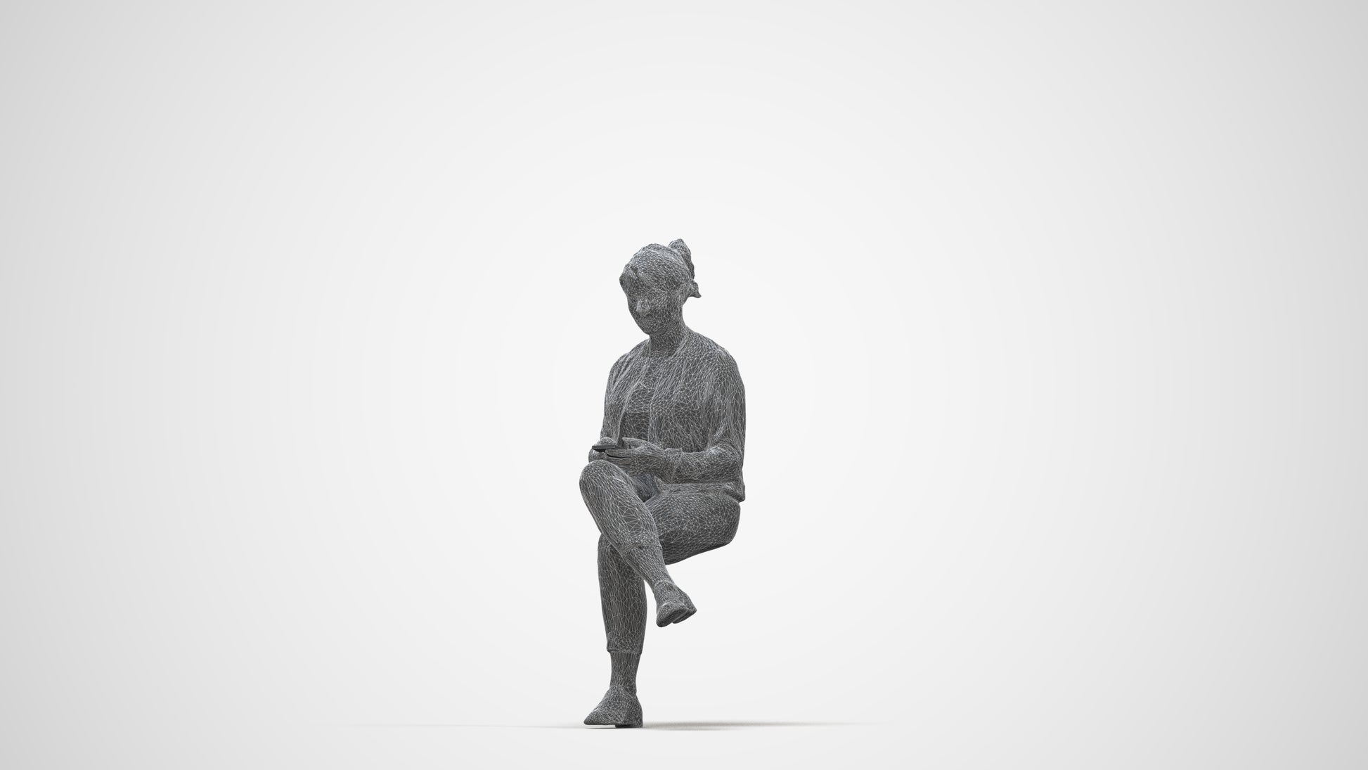 scanned 3D woman casual sitting, photogrammetry people for Enscape and V-Ray, wireframe back view