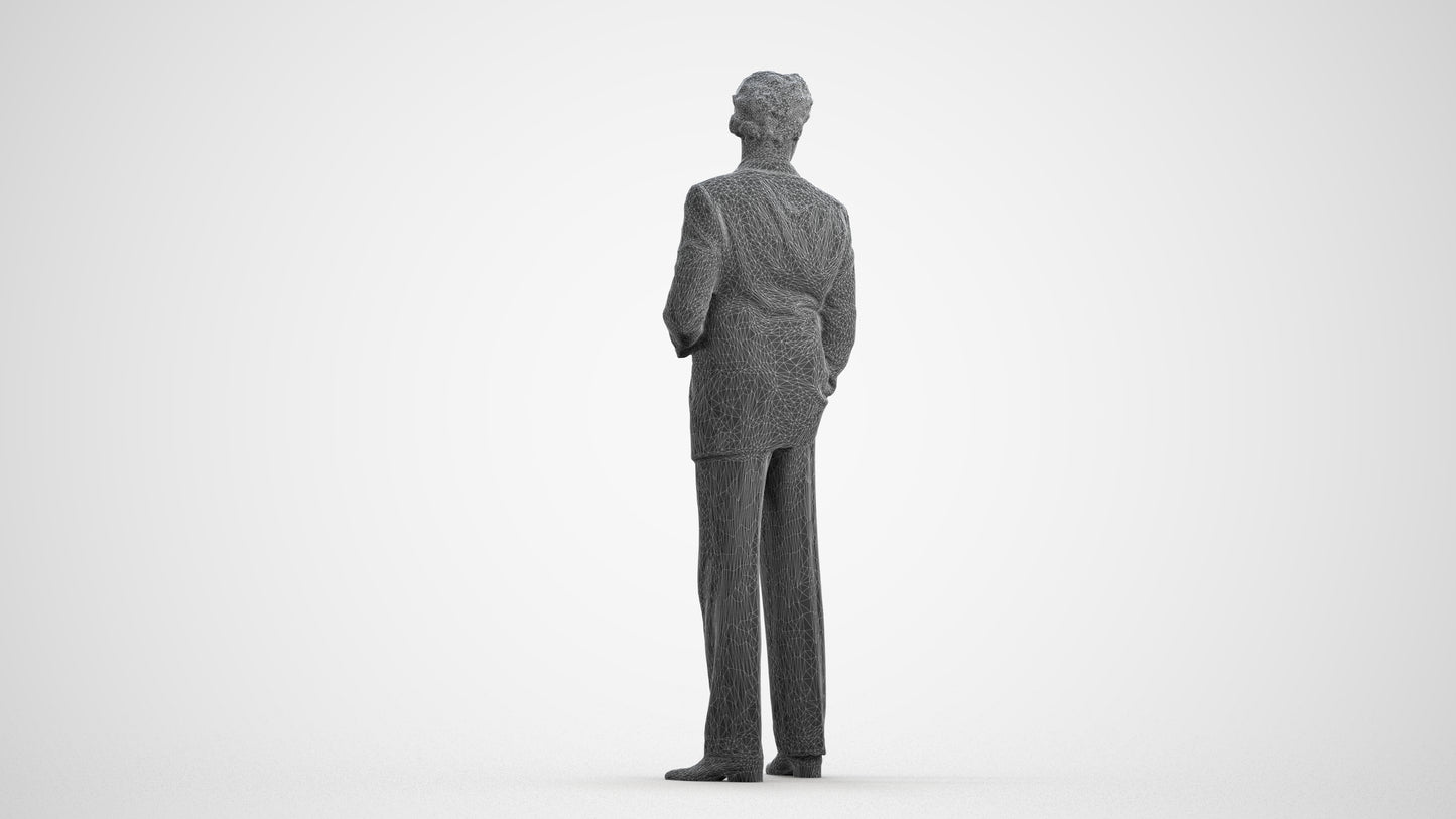 3D scanned man business, photorealistic archviz people for Enscape and SketchUp, wireframe front view