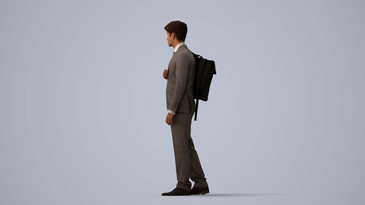 3D scanned man walking business, photorealistic archviz people for Enscape and SketchUp, three-quarter view render