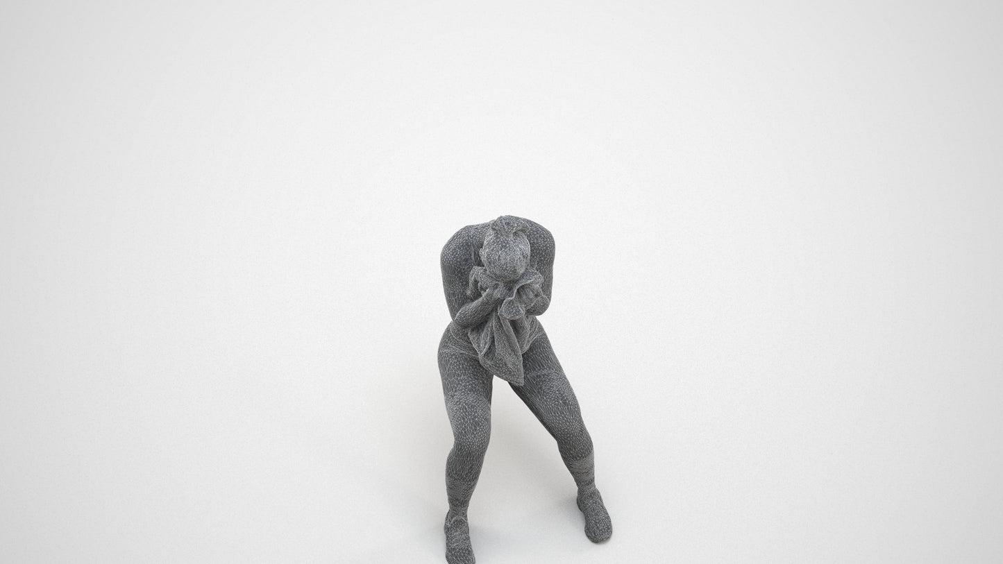 3D human model woman casual sport, photogrammetry scanned person for archviz, wireframe three-quarter view