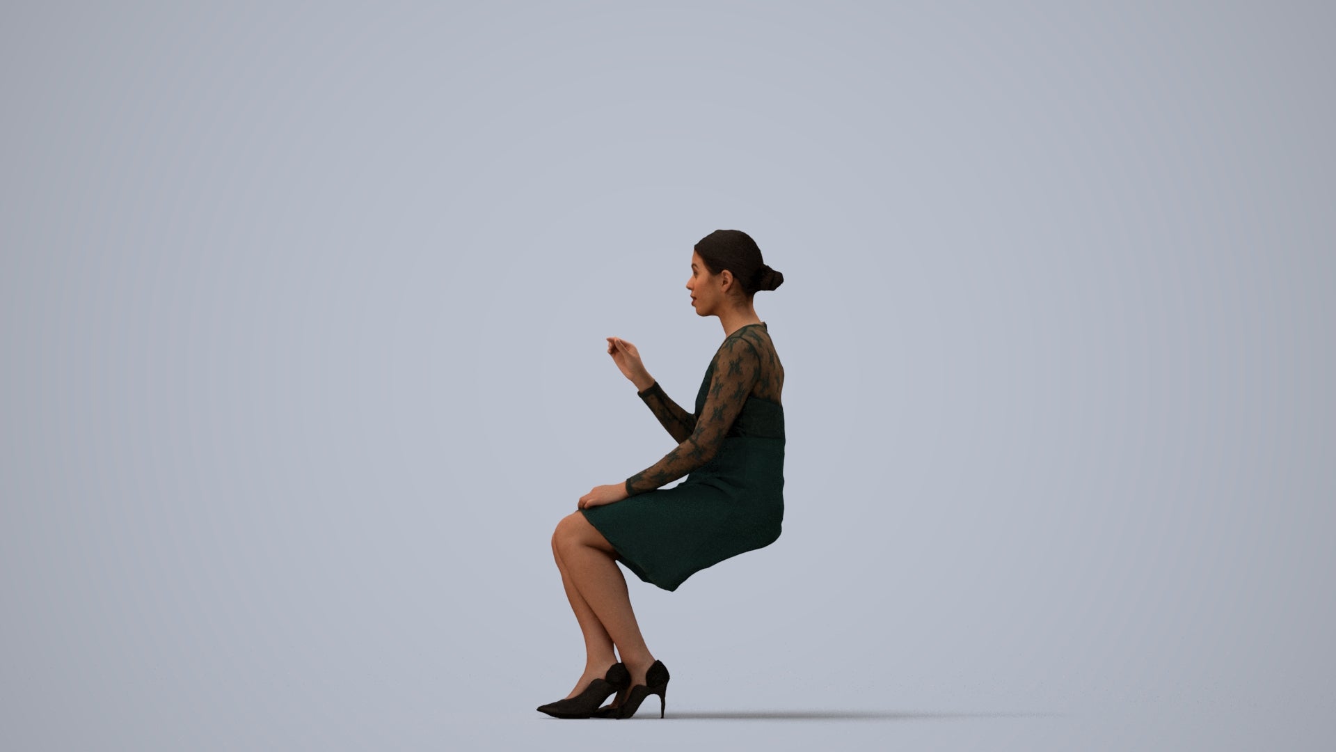 realistic 3D human woman business sitting, archviz people FBX OBJ for Blender, three-quarter view render