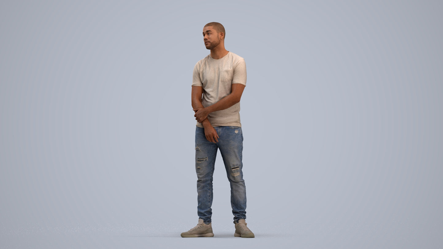 3D human model man casual standing, photogrammetry scanned person for archviz, standing pose render