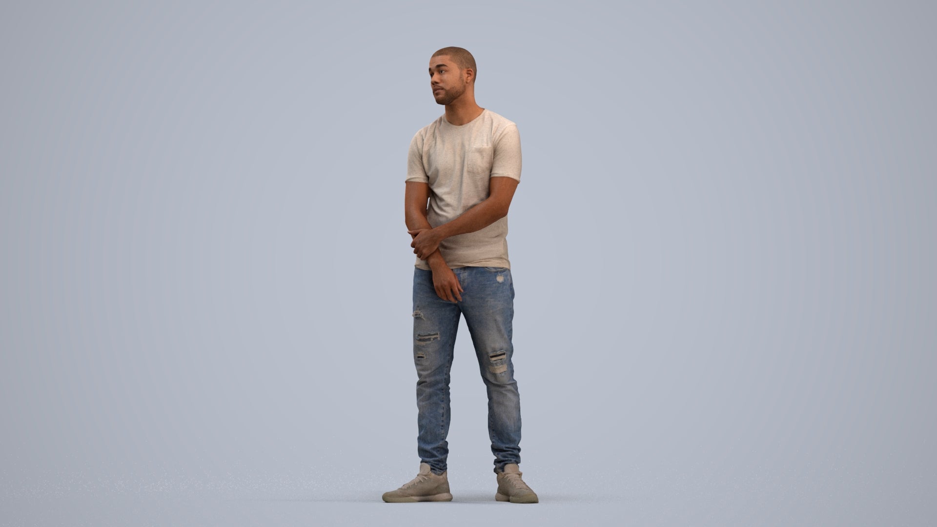 3D human model man casual standing, photogrammetry scanned person for archviz, standing pose render