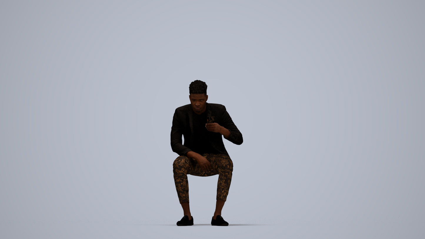 realistic 3D man casual sitting, scanned archviz people for Blender and 3ds Max, top-down view render