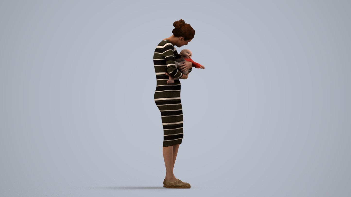 3D human model girl casual kids, photogrammetry scanned person for archviz, side view render